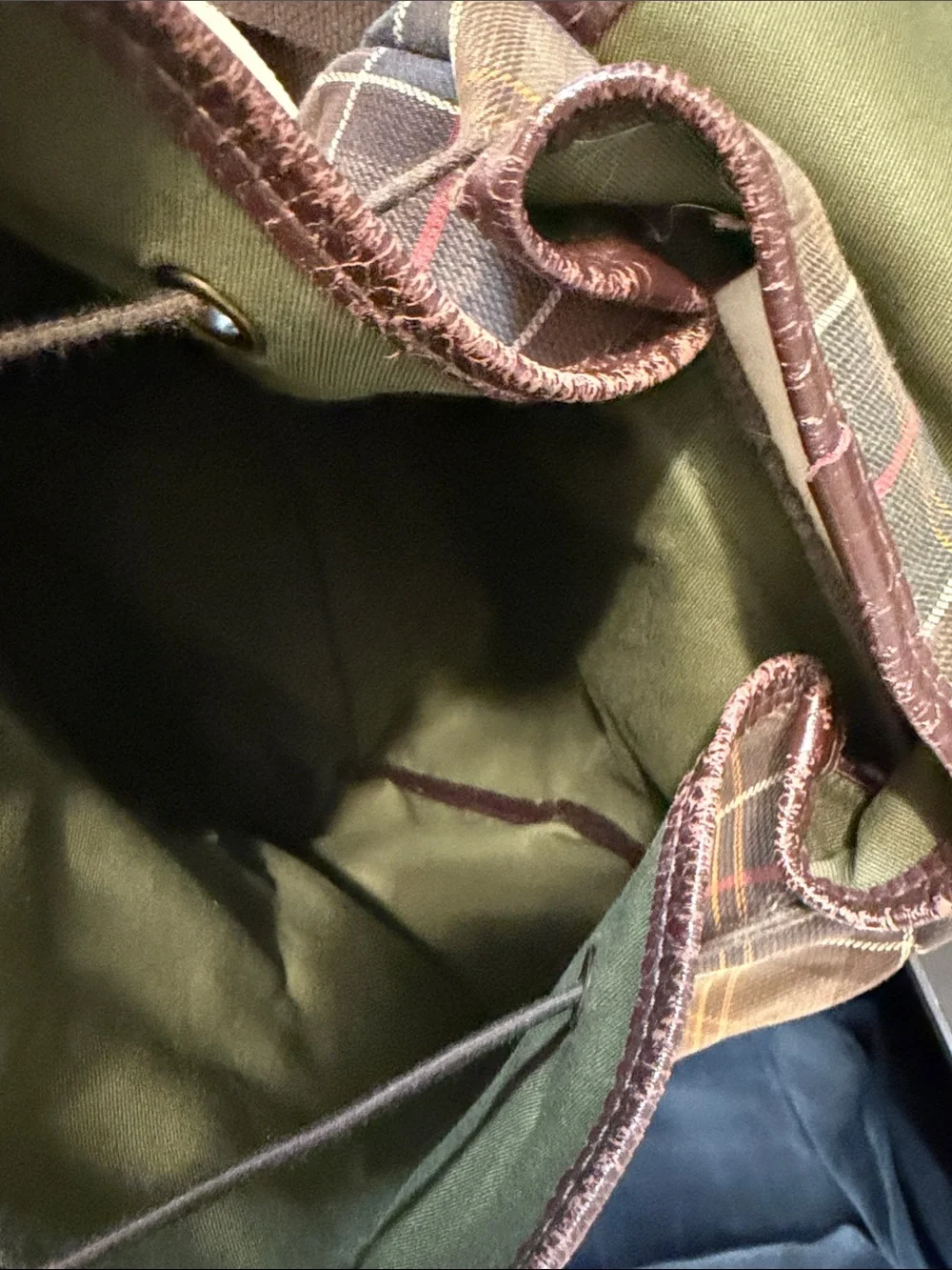 Barbour Brown Tartan Plaid Canvas Backpack with Leather Trim - Picture 11 of 12